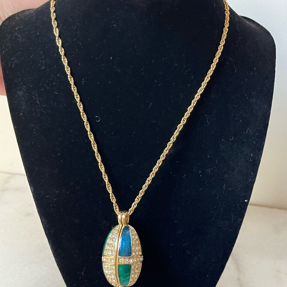 Gold and Blue green Pendant locket Necklace by Swarovski - Picture 2 of 10